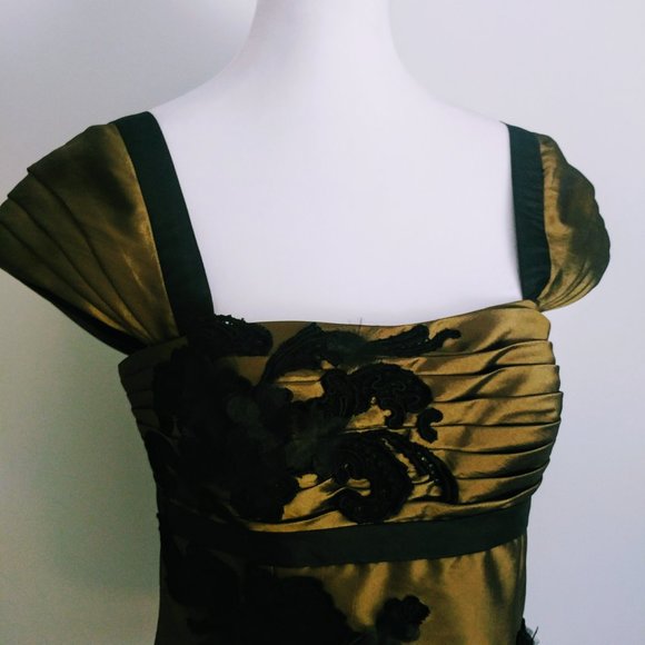Y2K Olive & Black  Taffeta Satin Floral Applique Blouse Cap Sleeves Square Neck - Picture 3 of 9
